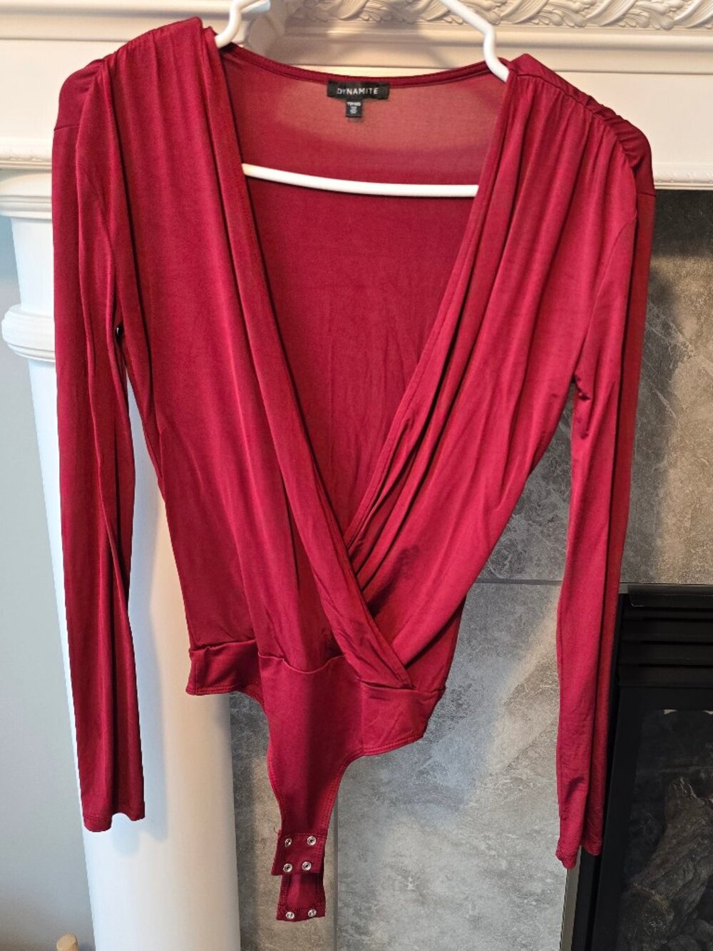 Dynamite Red Long-Sleeve Deep V-Neck Wrap Bodysuit - Size XXS / TTP